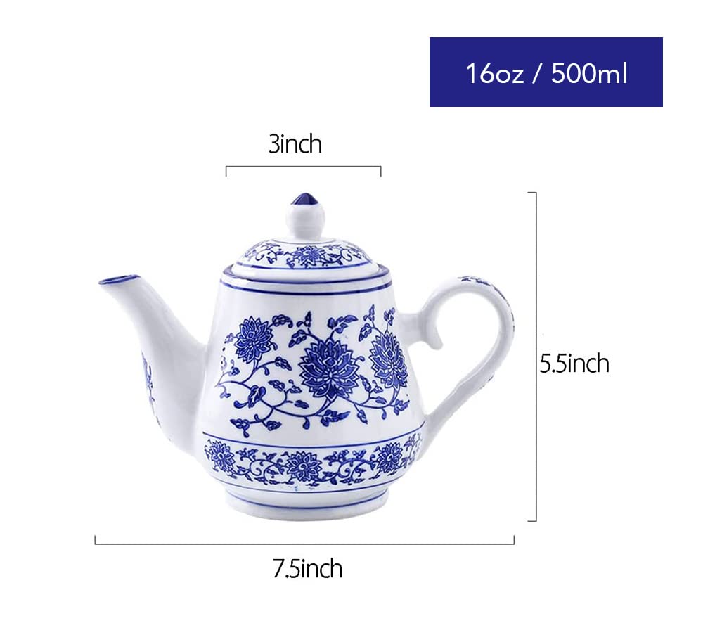 Sibelon Blue and White Ceramic Small Teapot 500 ml Retro Flower Tea Coffee Pot with Lid