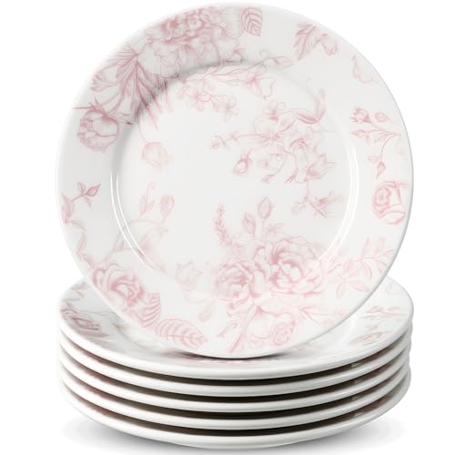 Sibelon Ceramic Floral Plates Set of 6 6 Inch Pink and White Salad Dessert Plates