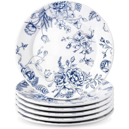 Sibelon Ceramic Floral Plates Set of 6 6 Inch Blue and White Salad Dessert Plates