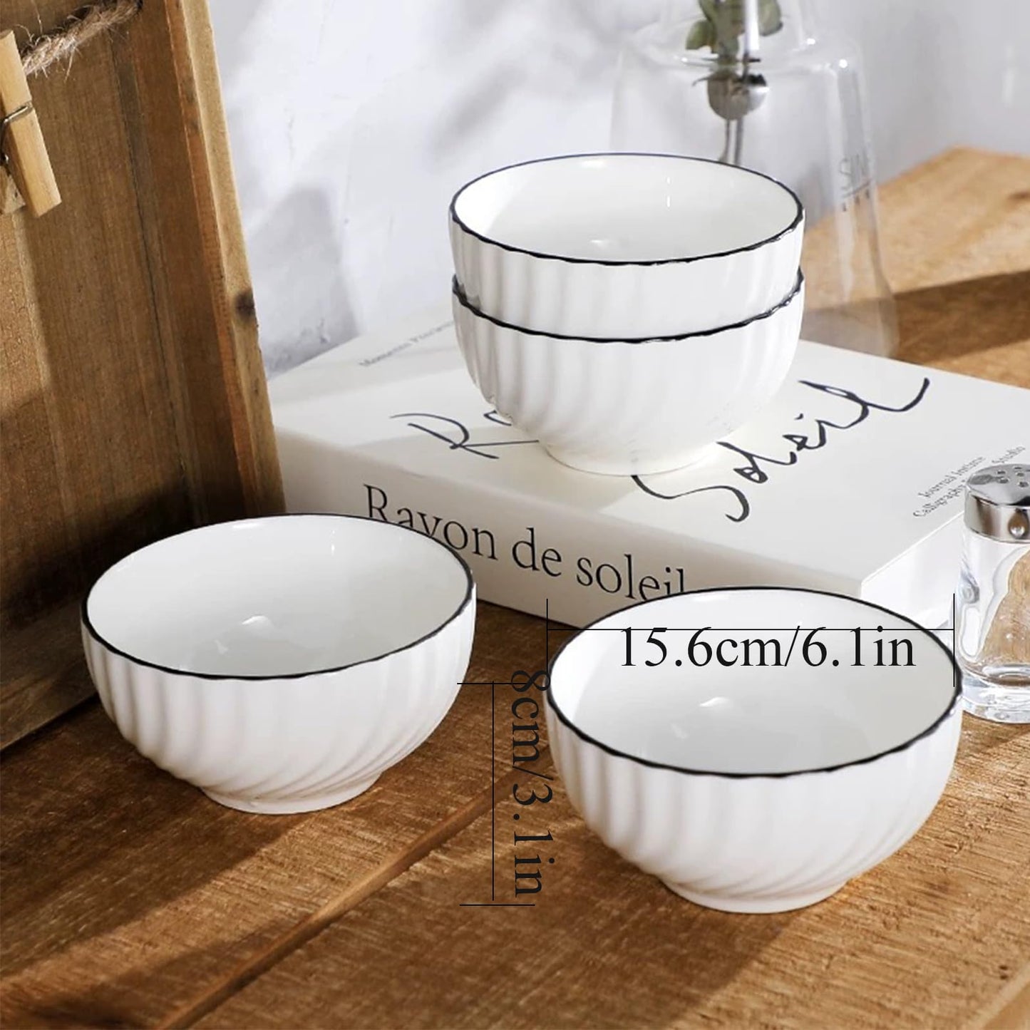 Sibelon Ceramic Cereal Bowls Set of 4 - 700ml Classic White Round 15x8cm