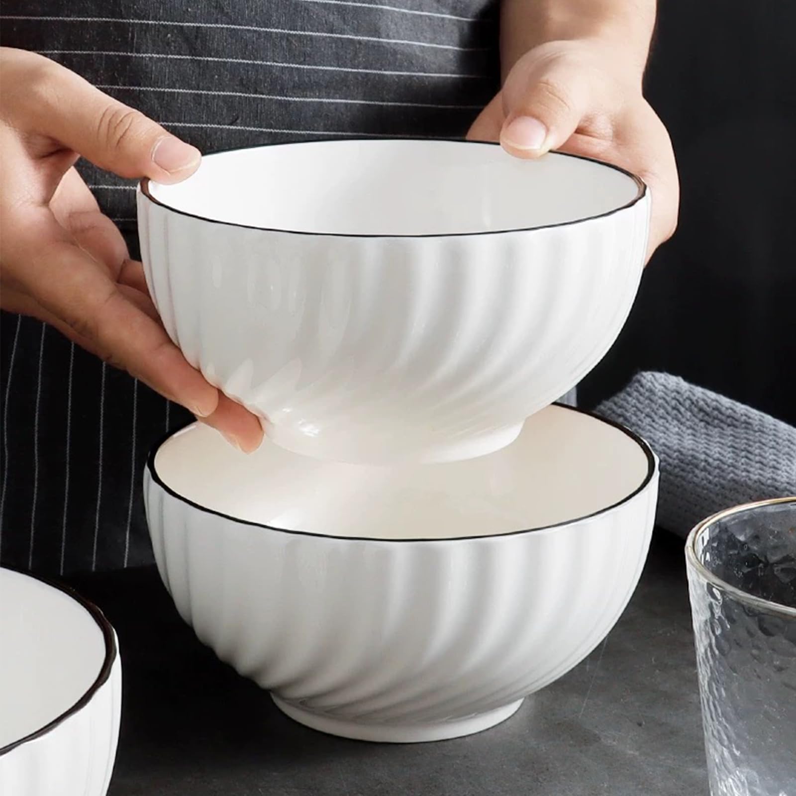 Sibelon Ceramic Cereal Bowls Set of 4 - 700ml Classic White Round 15x8cm