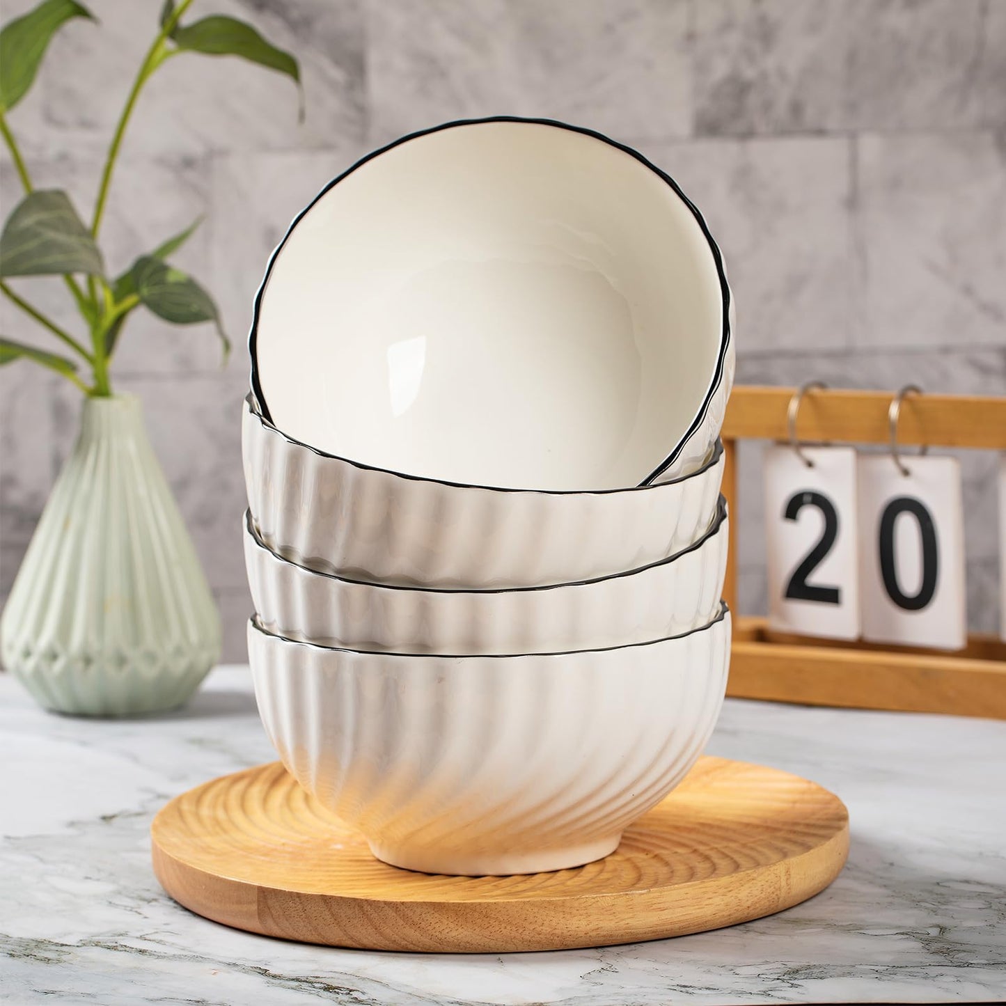 Sibelon Ceramic Cereal Bowls Set of 4 - 700ml Classic White Round 15x8cm
