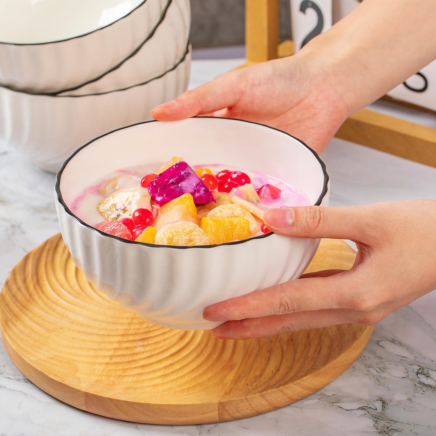 Sibelon Ceramic Cereal Bowls Set of 4 - 700ml Classic White Round 15x8cm