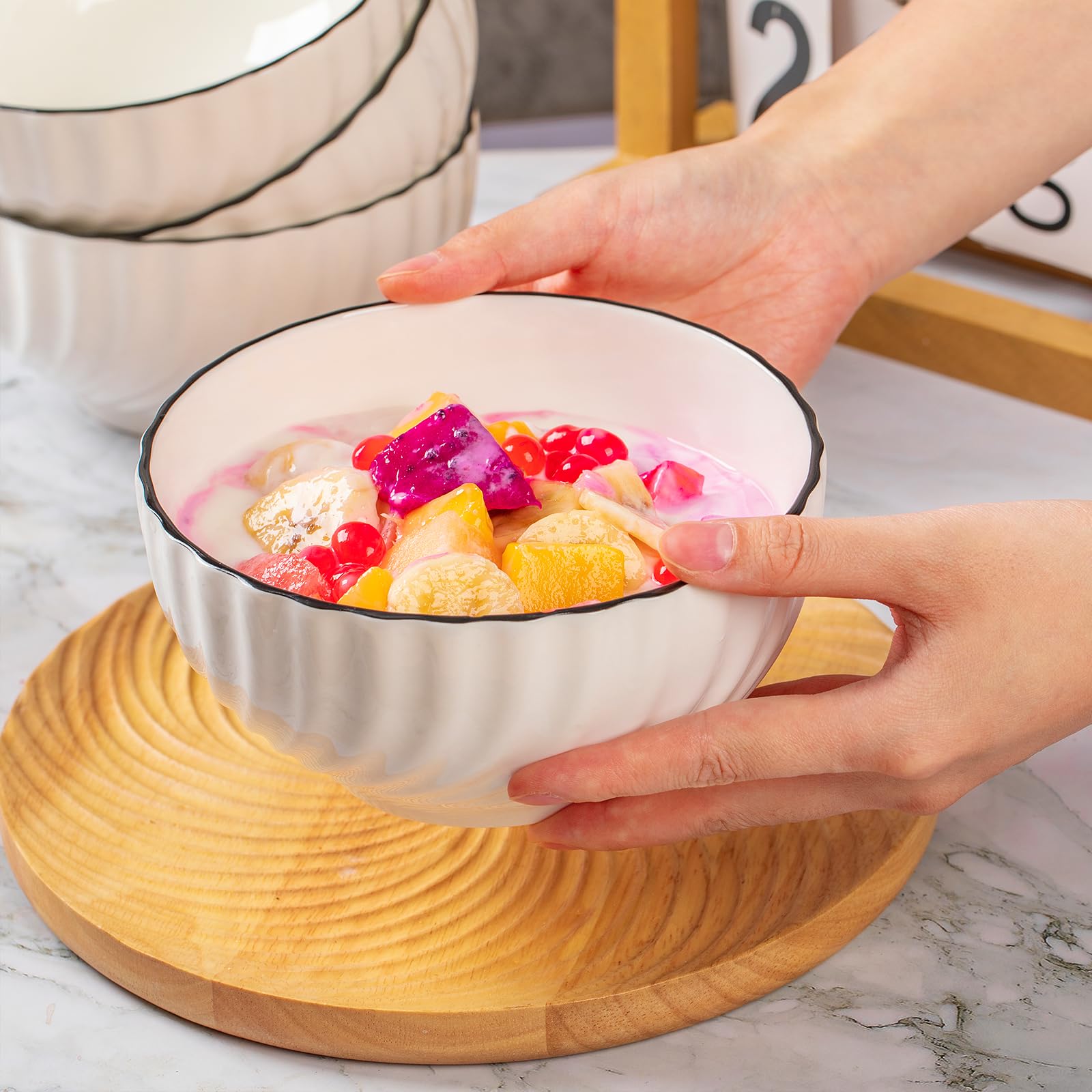 Sibelon Ceramic Cereal Bowls Set of 4 - 700ml Classic White Round 15x8cm