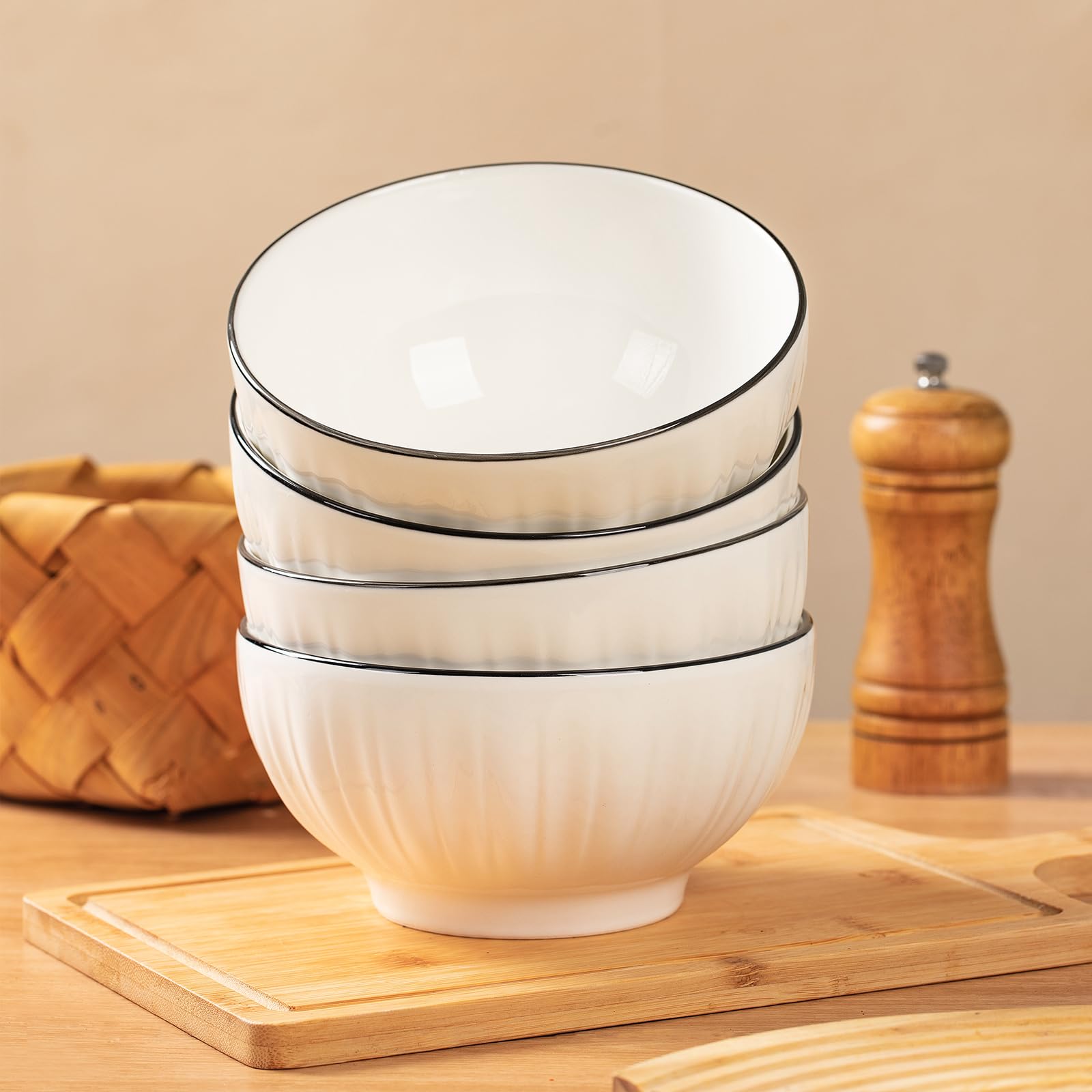 Sibelon Ceramic Cereal Bowls Set of 4 - 700ml Premium White Porcelain 15x8cm